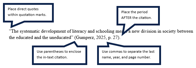 Example: "The systematic development of literacy and schooling meant a new division in society, between the educated and the uneducated” (Gumperz, 2025, p. 27). Note 1: Place direct quotes within quotation marks. Note 2: Use parentheses to enclose the in-text citation. Note 3: Use commas to separate the last name, year, and page number within the in-text citation. Note 4: Place the period after the citation.